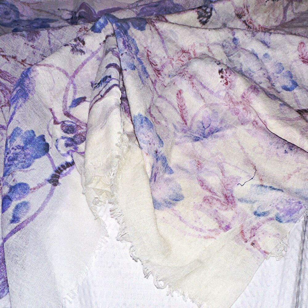 Women’s Floral Flower Print Scarf/Wrap with Fringe, White Purple Blue 74”x26”